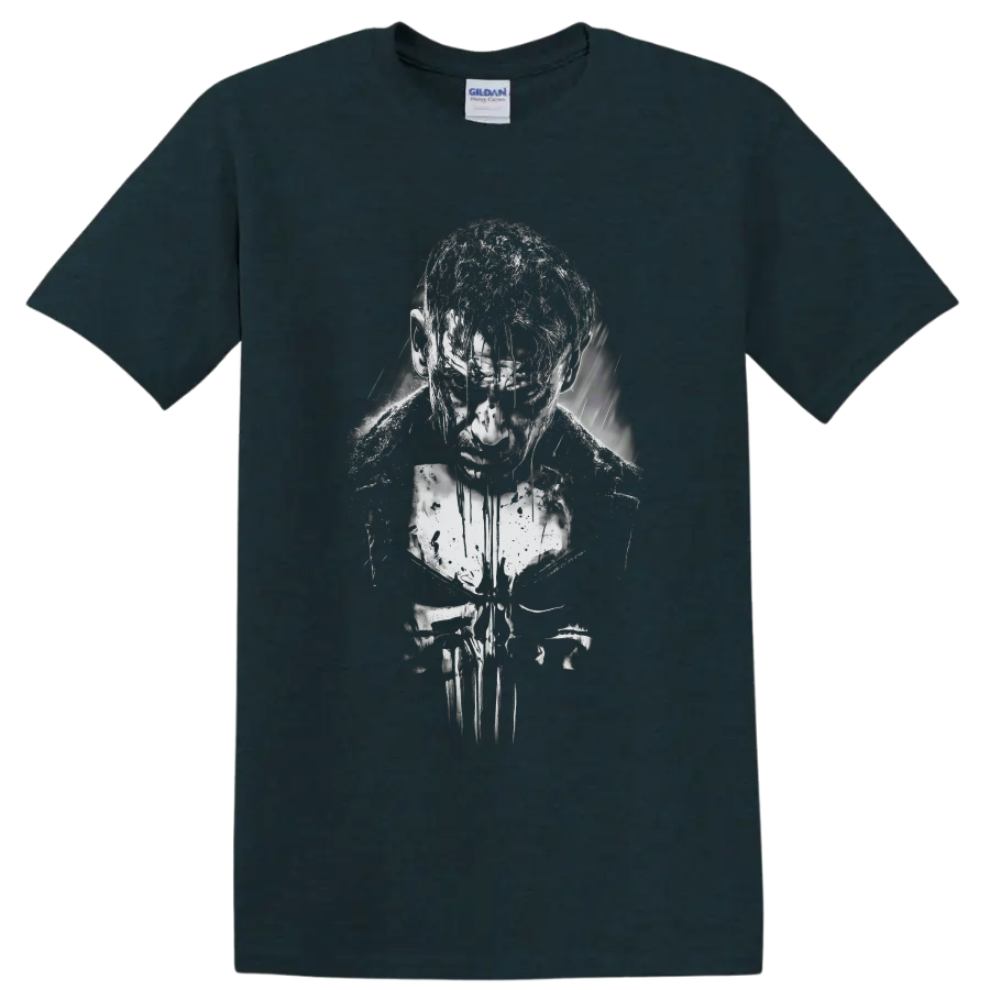 The Punisher Frank Castle distressed black-and-white vigilante portrait with skull motif on a Midnight (Green) T Shirt