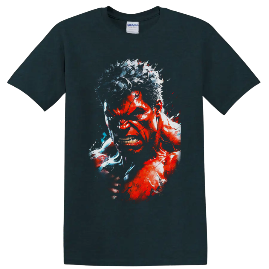 Red Hulk snarling portrait with clenched fist in explosive red and icy blue comic art on a Midnight (Green) T Shirt