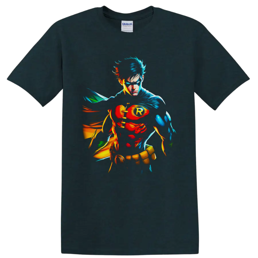 Absolute Robin Dick Grayson comic portrait with blue cape, R emblem, and colorful energy on a Midnight (Green) T Shirt