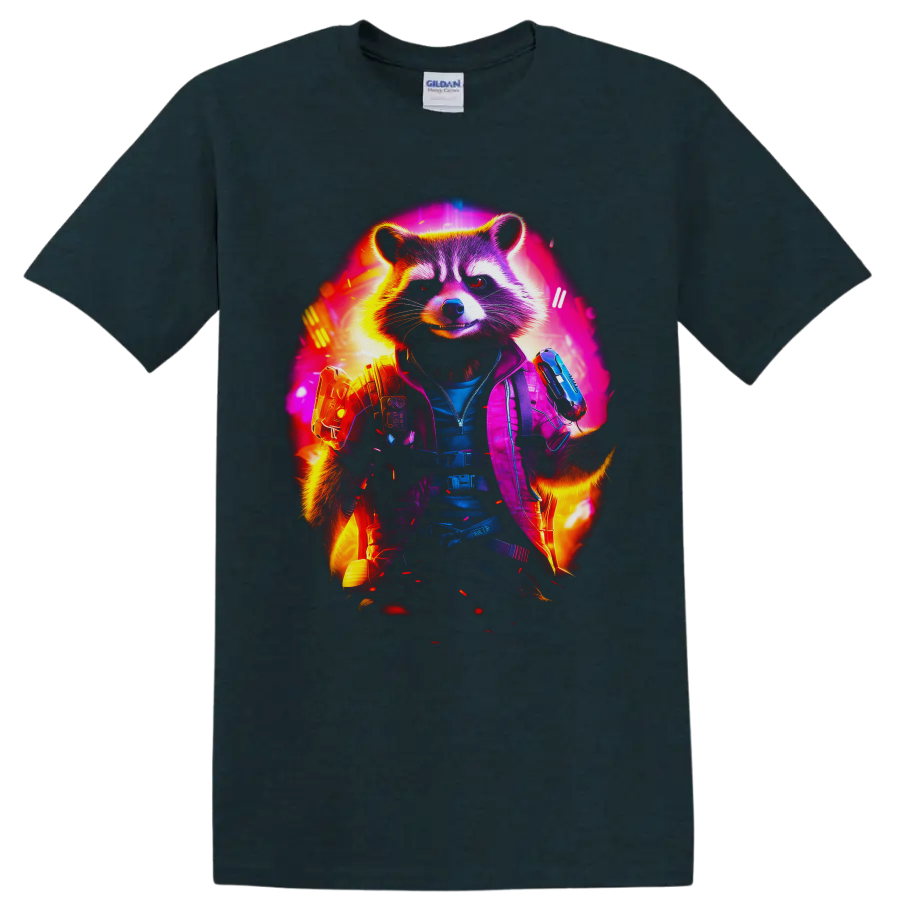 Rocket Raccoon neon sci-fi action portrait with tactical gear and futuristic blasters on a Midnight (Green) T Shirt