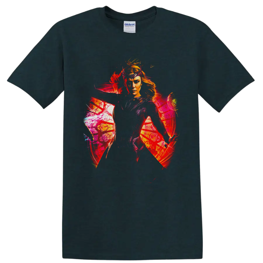 Scarlet Witch portrait with crimson magic, comic panels, and mystical symbols on a Midnight (Green) T Shirt