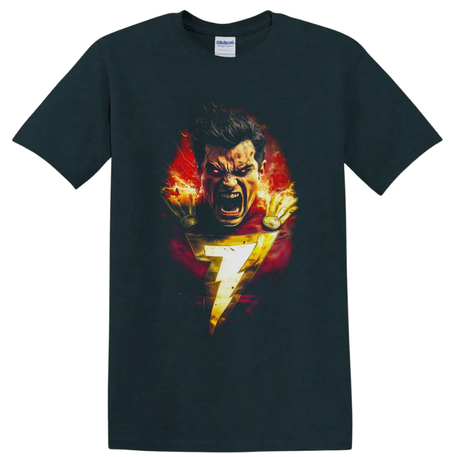 Shazam fiery comic portrait with gold lightning bolt and crackling electric energy on a Midnight (Green) T Shirt