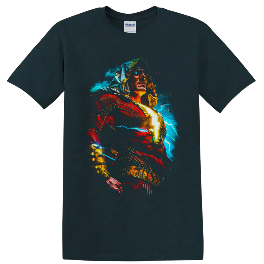 Shazam as Billy Batson with glowing lightning bolt, red cape, and electric storm art on a Midnight (Green) T Shirt
