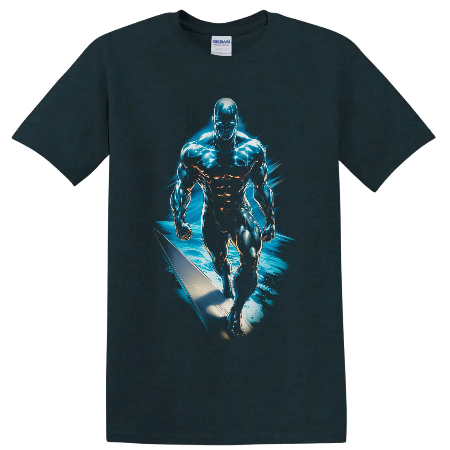 Silver Surfer Norrin Radd cosmic surfboard art with electric blue energy on a Midnight (Green) T Shirt
