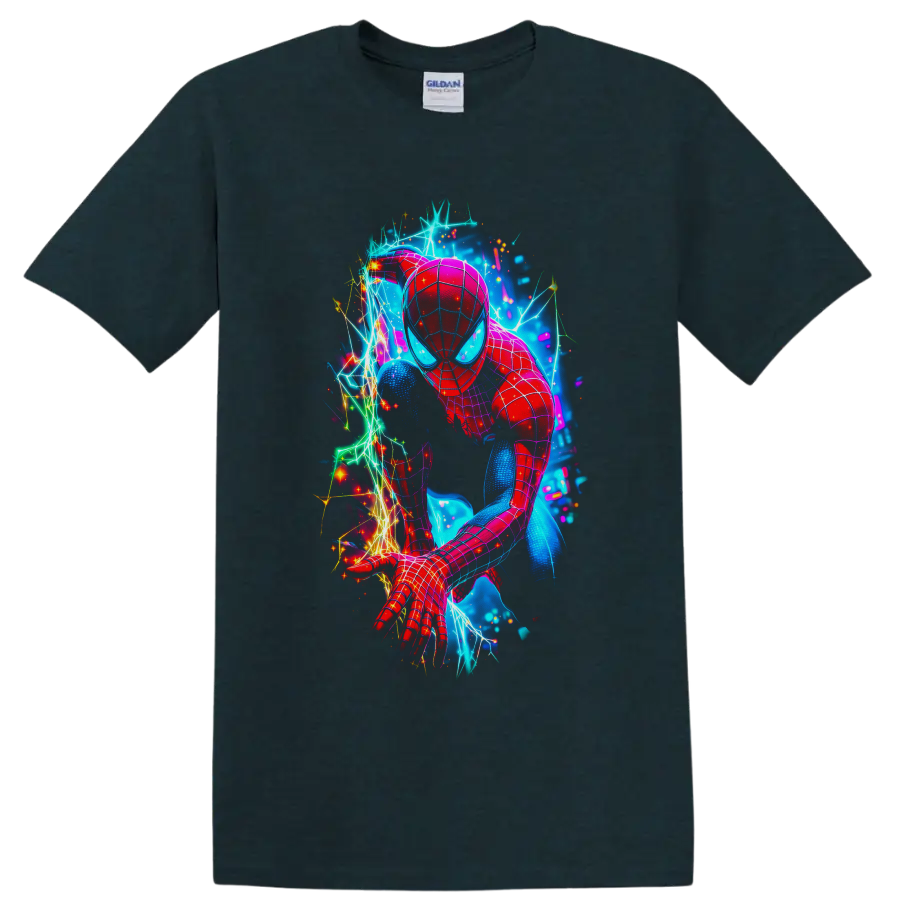 Spider-Man in neon electric web action art with sparks and glowing cosmic backdrop on a Midnight (Green) T Shirt