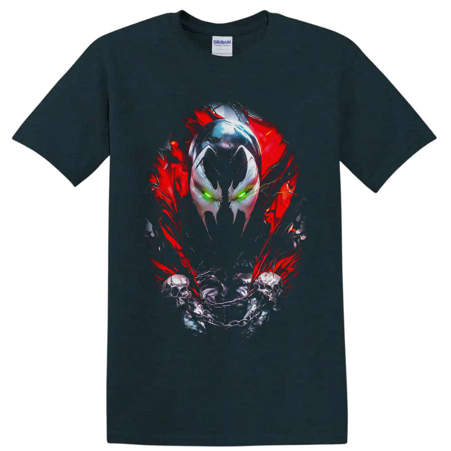 Spawn masked face with green eyes, skull chain, and red energy comic artwork on a Midnight (Green) T Shirt