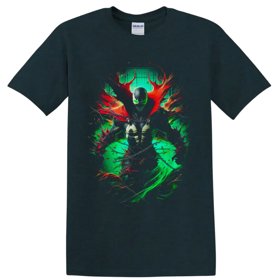 Spawn Al Simmons dark comic art with green energy, red cape forms, and chains on a Midnight (Green) T Shirt