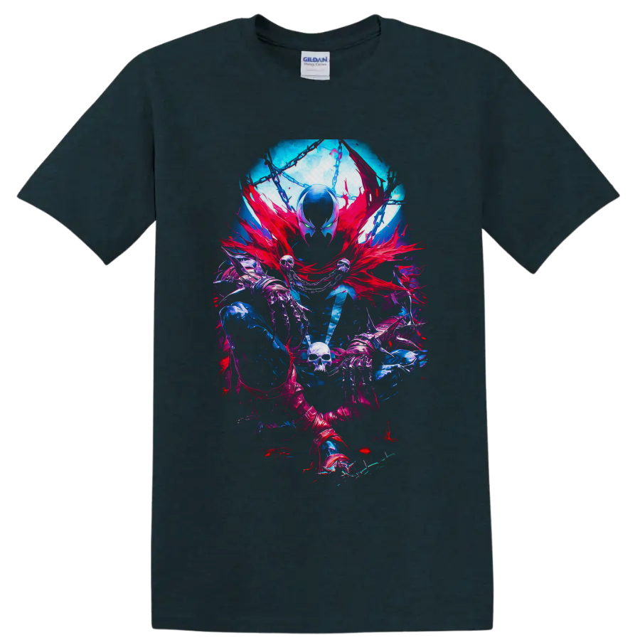 Spawn gothic comic art with red cape, chains, skeletal hands, skull, and neon effects on a Midnight (Green) T Shirt