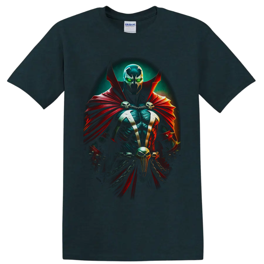 Spawn gothic antihero portrait with red cape, green eyes, skulls and chains on a Midnight (Green) T Shirt