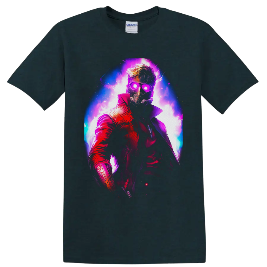 Star-Lord Peter Quill neon cosmic portrait with glowing mask and red coat on a Midnight (Green) T Shirt