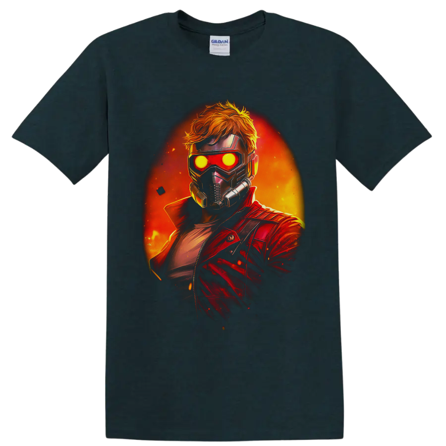 Star-Lord in a glowing mask and red jacket against a fiery cosmic backdrop on a Midnight (Green) T Shirt