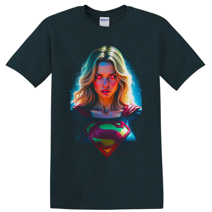 Supergirl Kara Zor-El neon cosmic portrait with glowing eyes and chest emblem on a Midnight (Green) T Shirt