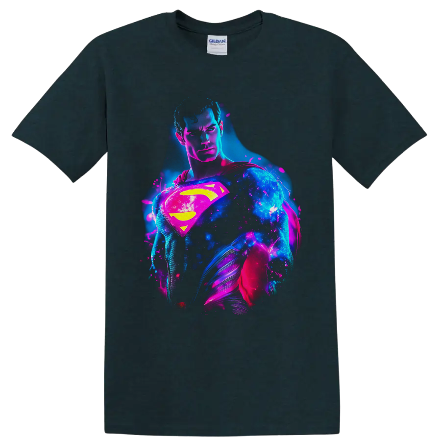 Superman Clark Kent neon cosmic portrait with glowing shield, cape, and splatter art on a Midnight (Green) T Shirt