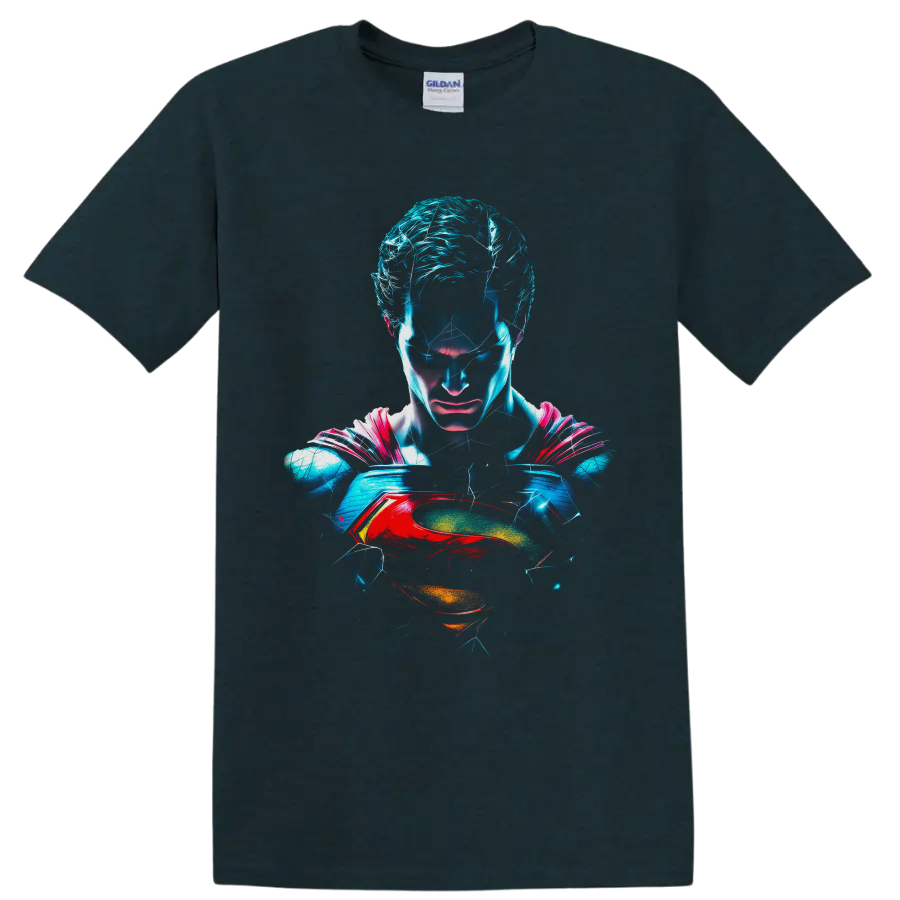 Superman Man of Steel neon portrait with electric cracks and red-and-gold chest emblem on a Midnight (Green) T Shirt
