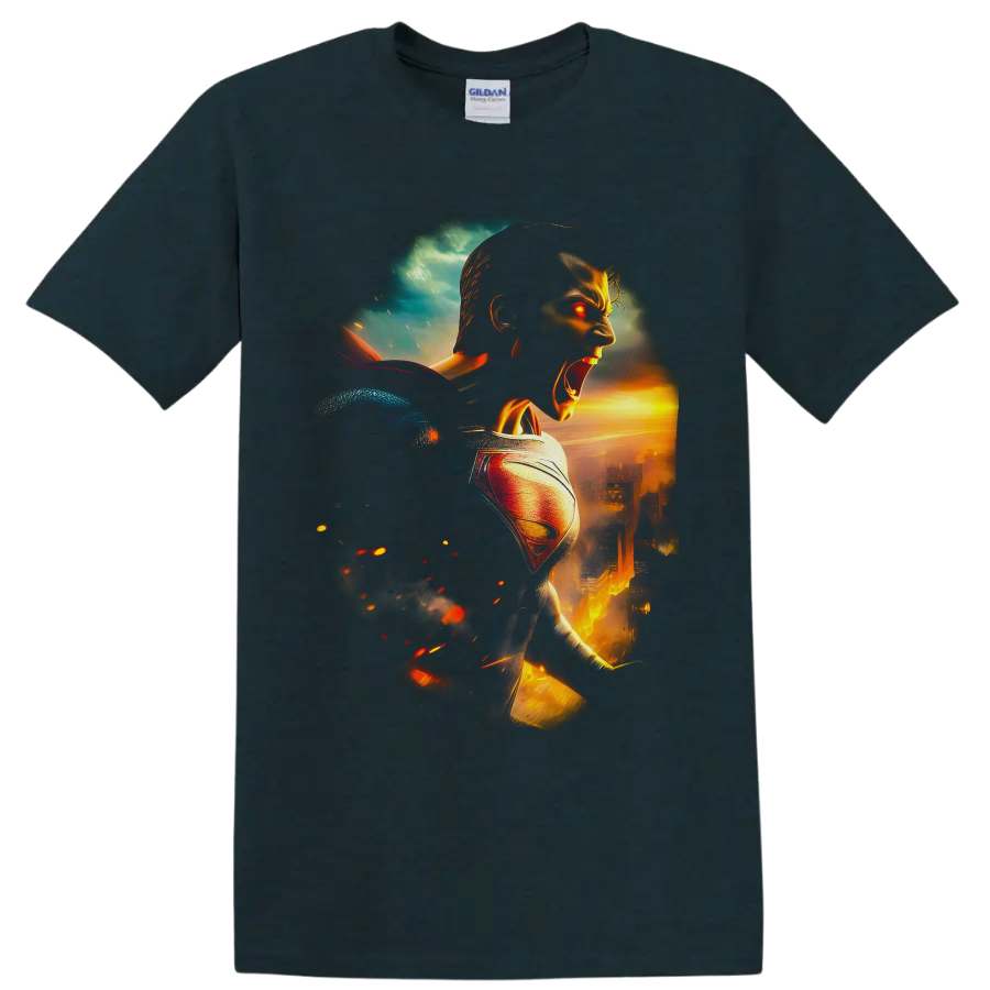 Superman Clark Kent cinematic fiery city battle artwork with glowing red eyes on a Midnight (Green) T Shirt