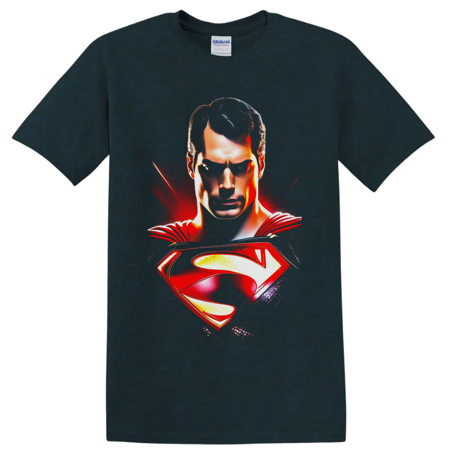 Superman Clark Kent portrait with red cape and glowing shield emblem comic artwork on a Midnight (Green) T Shirt