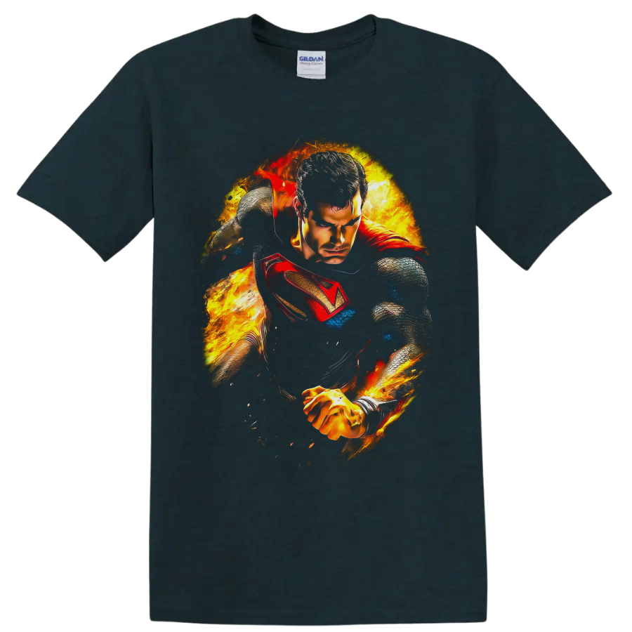 Superman as Clark Kent in fiery comic-style action art with red cape and shield on a Midnight (Green) T Shirt