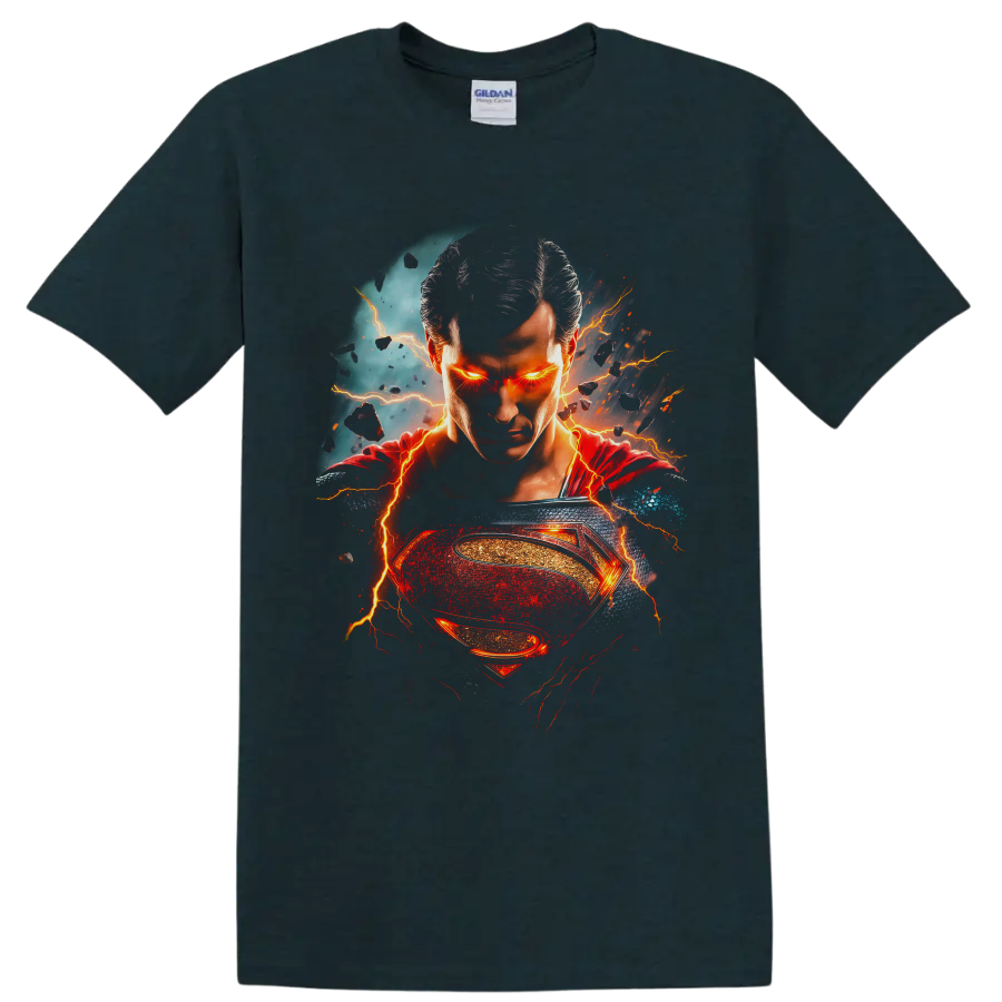 Superman portrait with glowing eyes, lightning, red cape, and fiery hero emblem on a Midnight (Green) T Shirt