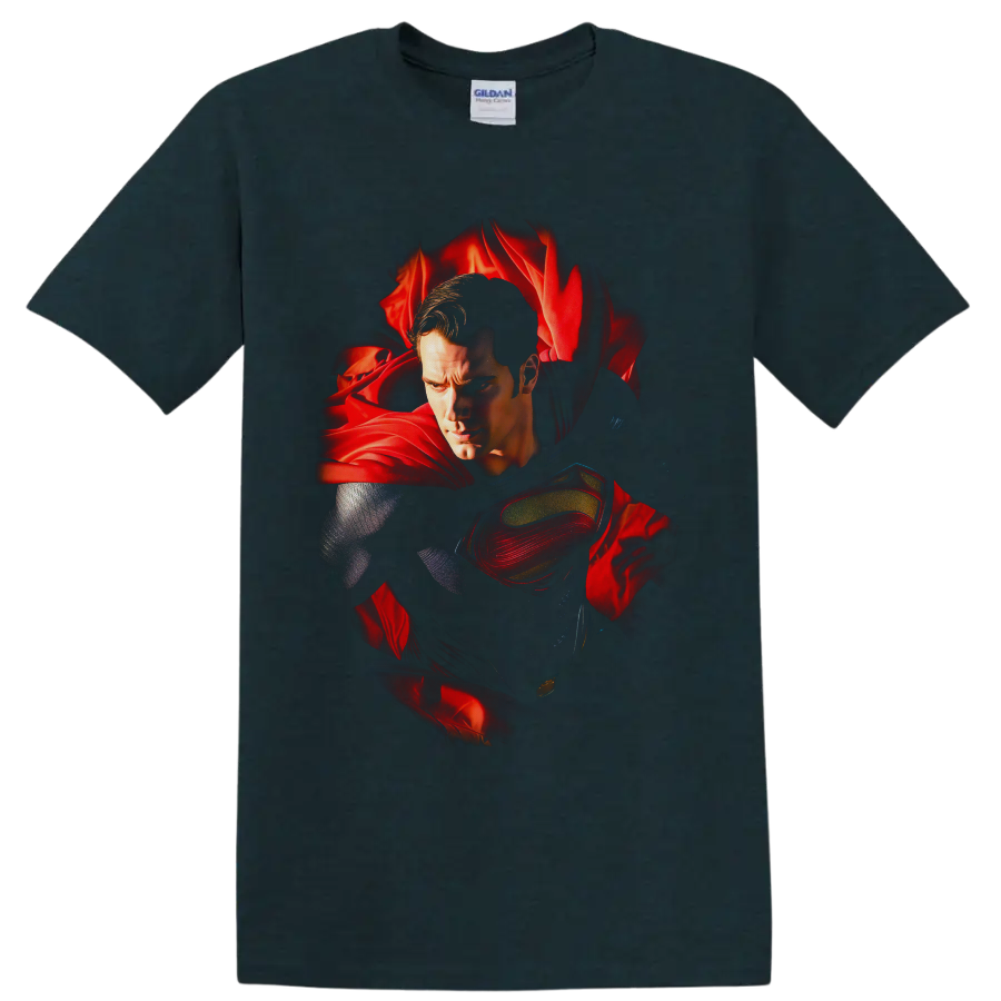 Superman portrait with red cape and chest emblem in Alex Ross-inspired comic art on a Midnight (Green) T Shirt
