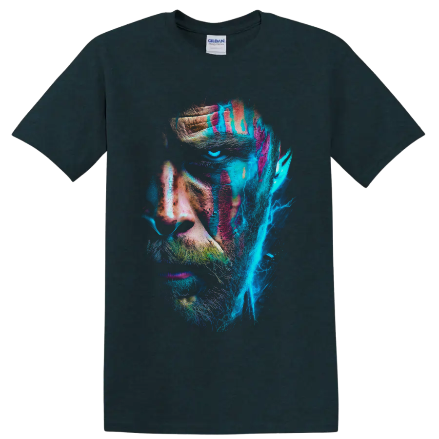 Kratos neon warrior portrait with cyan lightning and distressed paint textures on a Midnight (Green) T Shirt
