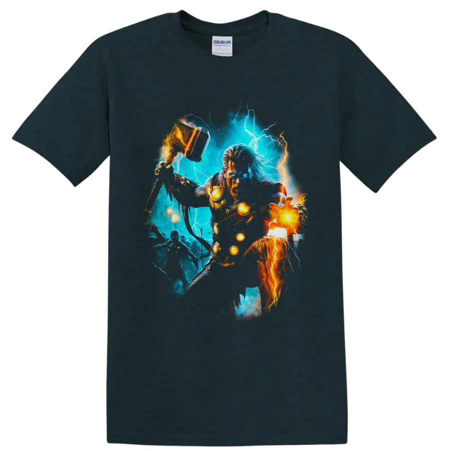 Thor and Mighty Thor comic art with lightning, glowing hammer, armor, and fiery energy on a Midnight (Green) T Shirt
