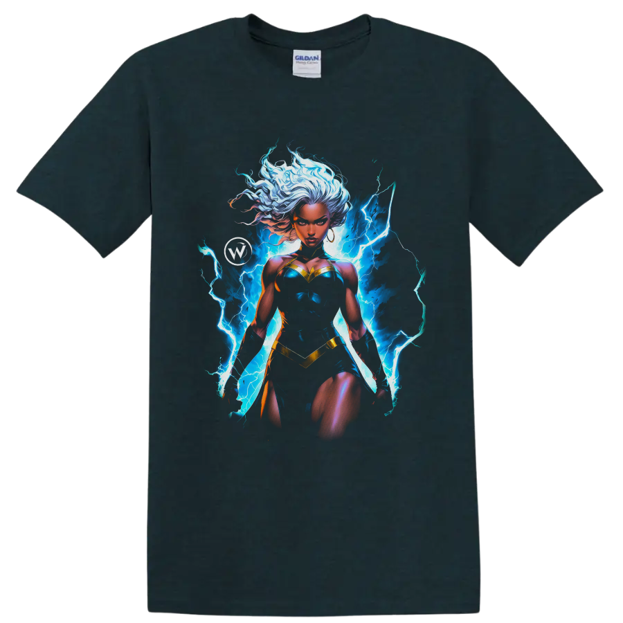 Storm superhero artwork with flowing white hair and electric-blue lightning on a Midnight (Green) T Shirt