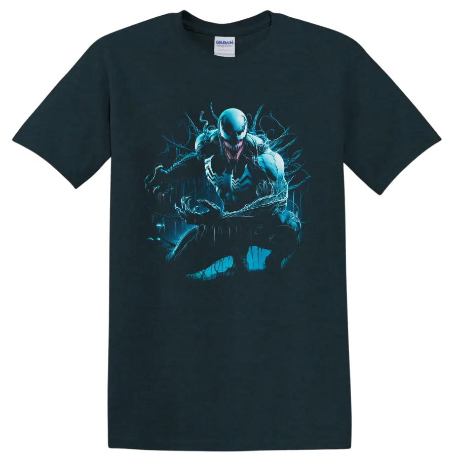 Anti-Venom symbiote with cyan tendrils in distressed comic art style on a Midnight (Green) T Shirt