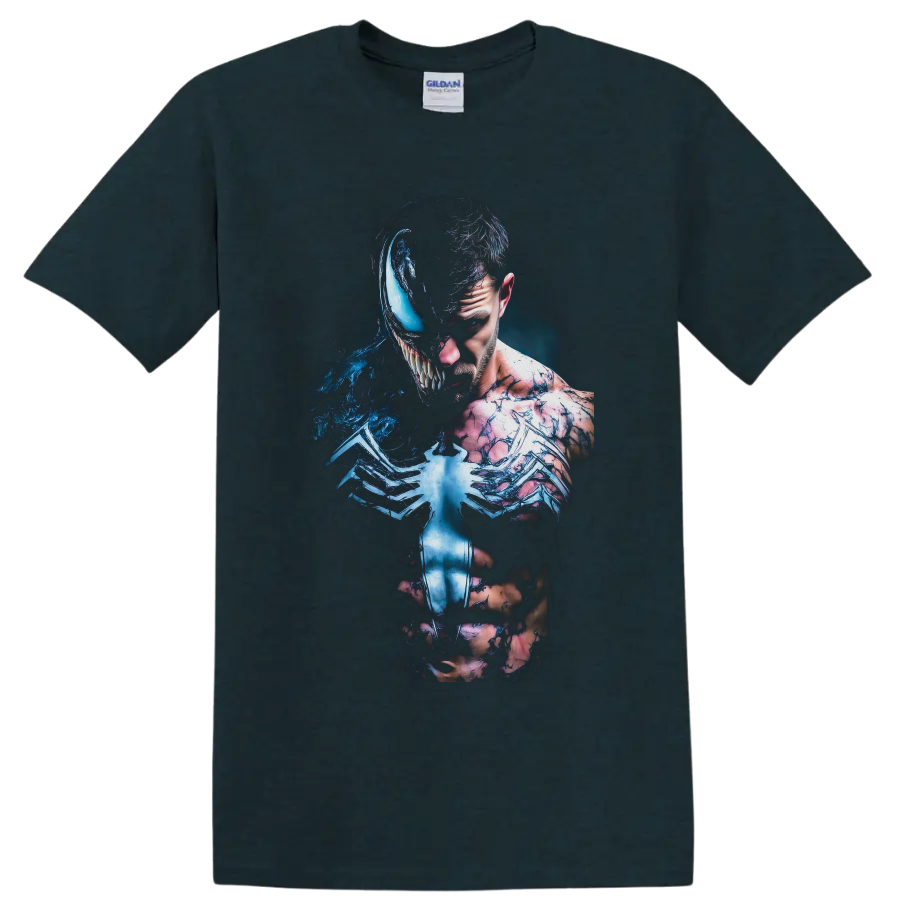 Venom and Eddie Brock split symbiote transformation in dark blue comic art on a Midnight (Green) T Shirt