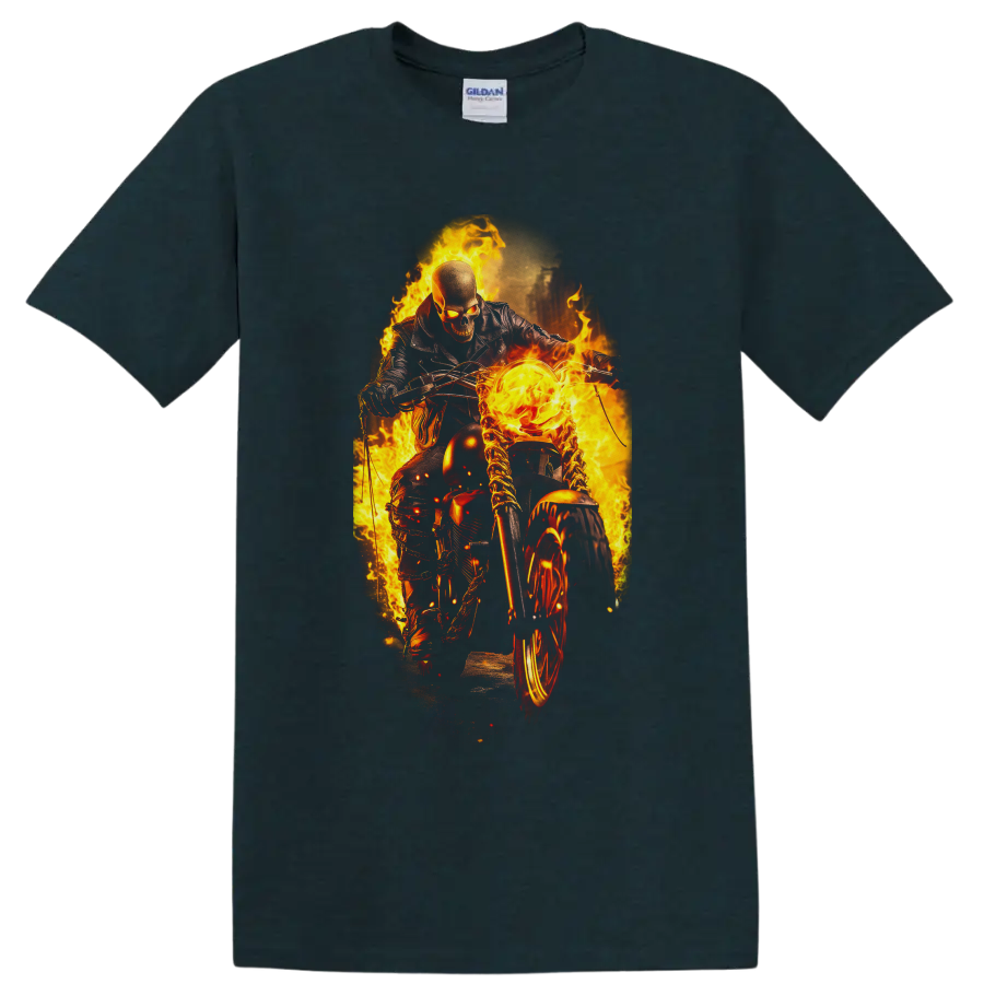Ghost Rider on a flaming motorcycle in intense fiery comic action artwork on a Midnight (Green) T Shirt