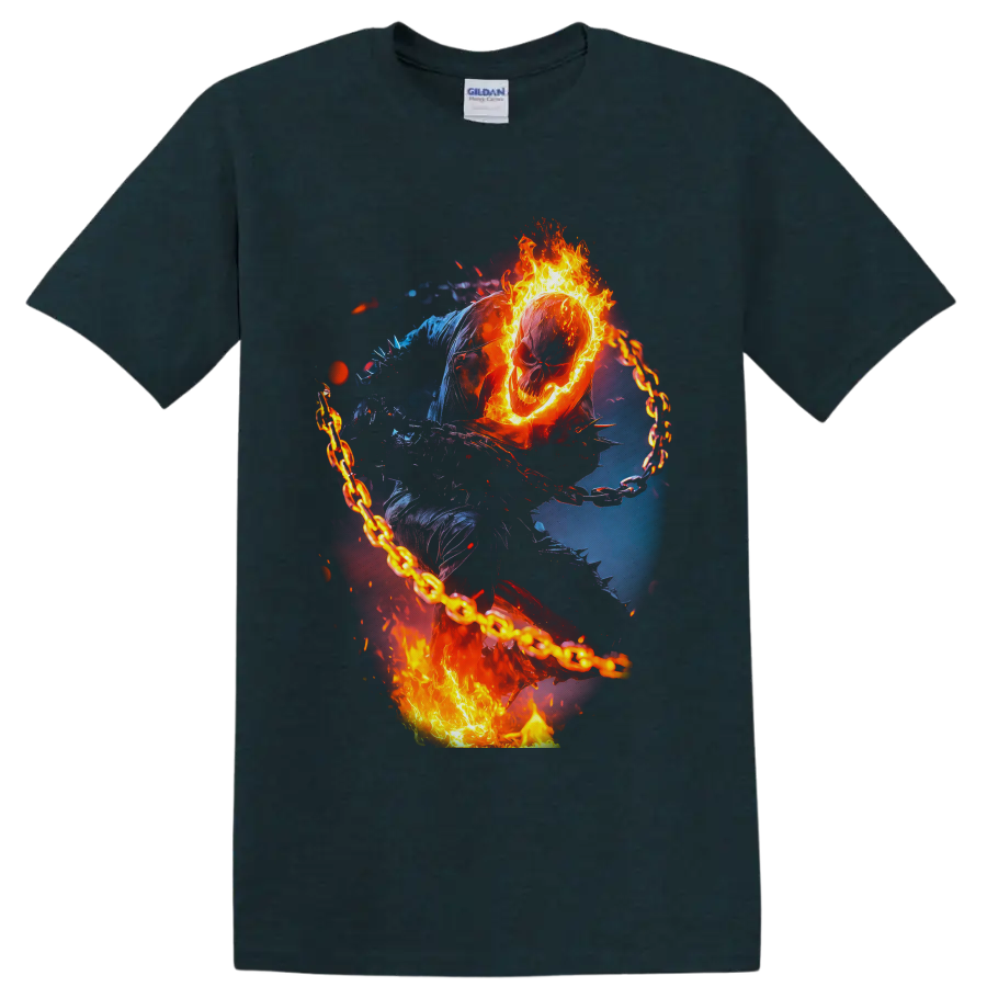 Ghost Rider flaming skull and chain in fiery comic-inspired supernatural action art on a Midnight (Green) T Shirt