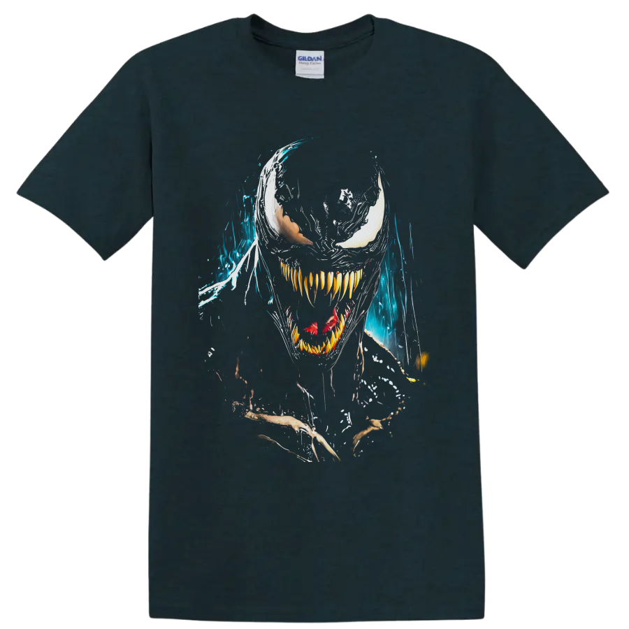 Venom symbiote face with white eyes, sharp teeth, red tongue, and blue splatter art on a Midnight (Green) T Shirt