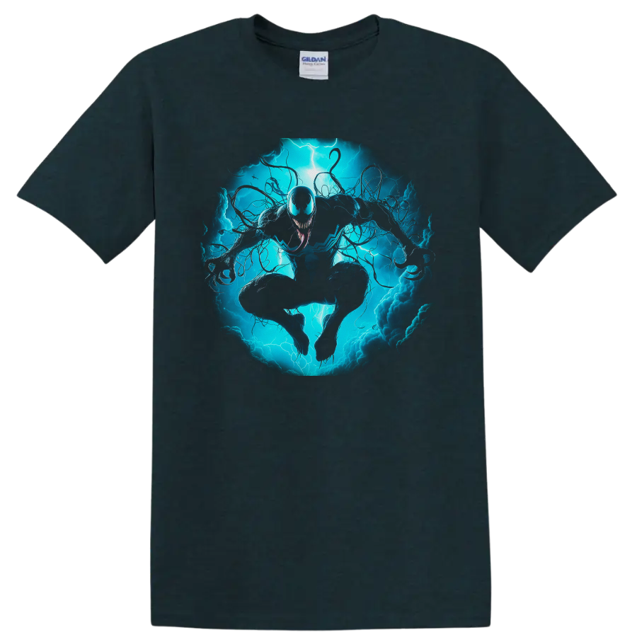 Anti-Venom symbiote lunging through electric blue lightning and swirling tendrils on a Midnight (Green) T Shirt
