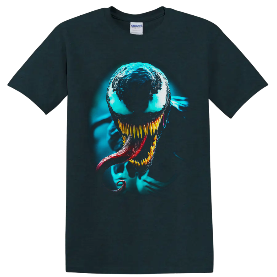 Venom symbiote portrait with cyan glow, sharp golden teeth, and red tongue on a Midnight (Green) T Shirt