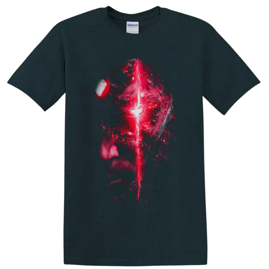Vision abstract digital portrait with glowing forehead beam and fractured red particle on a Midnight (Green) T Shirt