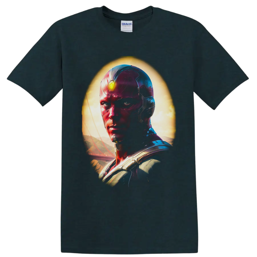Vision portrait in metallic red and blue armor with glowing yellow forehead gem on a Midnight (Green) T Shirt