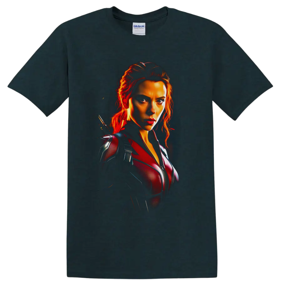 Black Widow Natasha Romanoff cinematic portrait with fiery red tactical suit on a Midnight (Green) T Shirt
