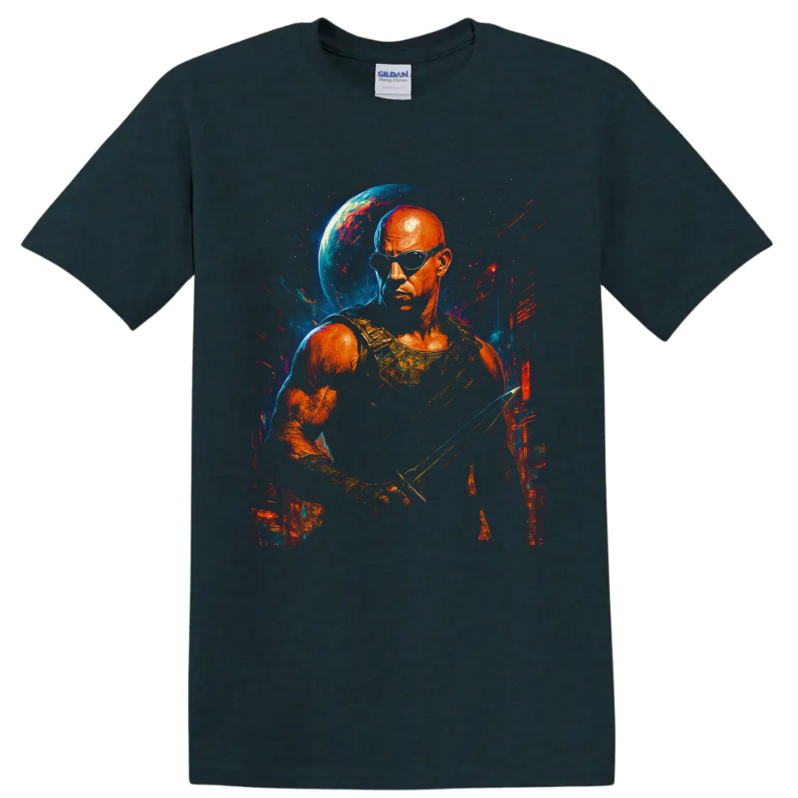 Riddick cosmic warrior portrait with goggles, blade, blue planet, and painted space on a Midnight (Green) T Shirt