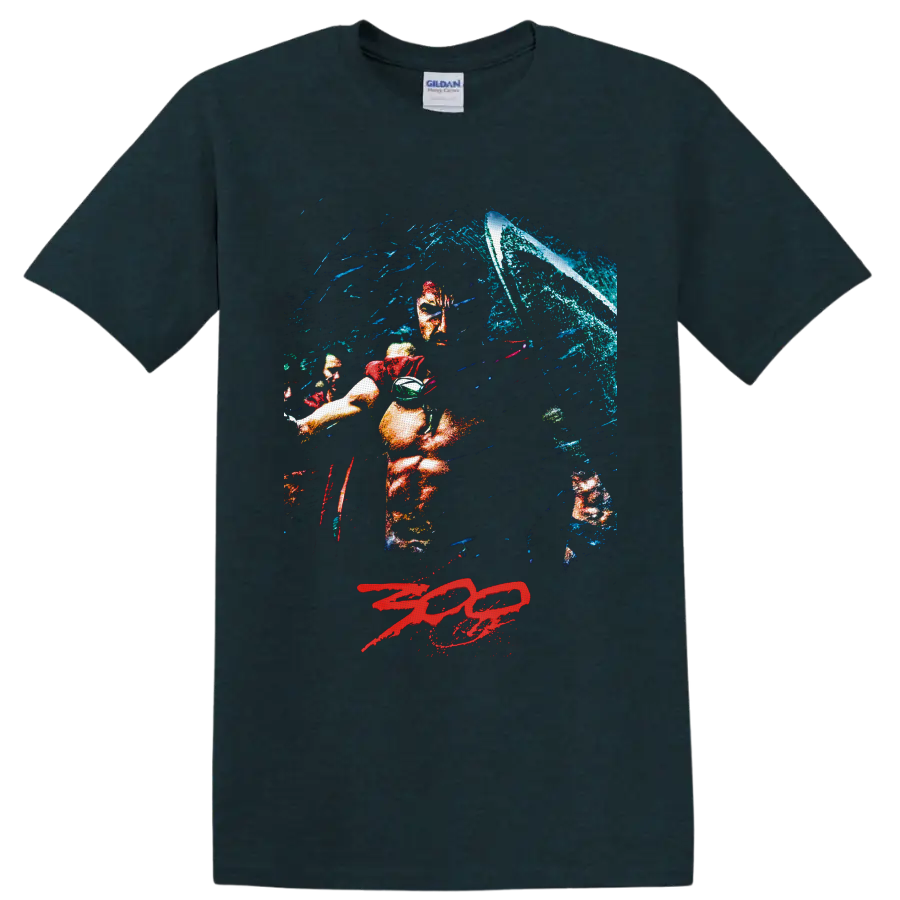 Leonidas Spartan warrior battle scene with shield, crashing wave, and red 300 logo on a Midnight (Green) T Shirt