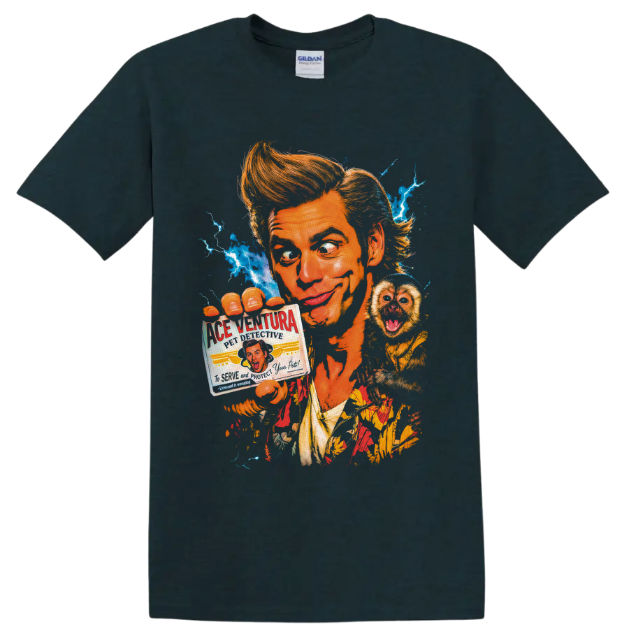 Ace Ventura retro portrait with monkey, detective credential, and blue lightning on a Midnight (Green) T Shirt