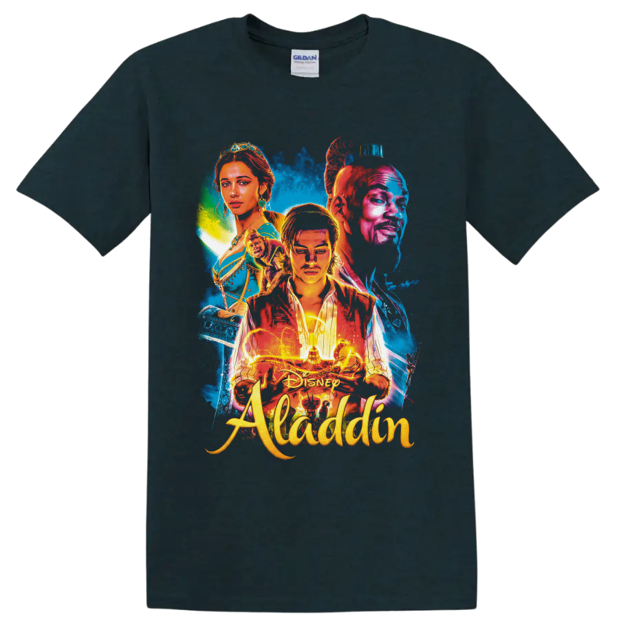 Aladdin, Jasmine and Genie neon portrait with magic lamp and flying carpet on a Midnight (Green) T Shirt
