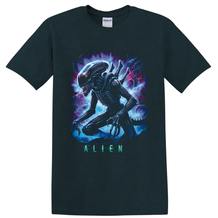 Neon Xenomorph from Alien crouching amid blue, purple, and magenta cosmic smoke on a Midnight (Green) T Shirt