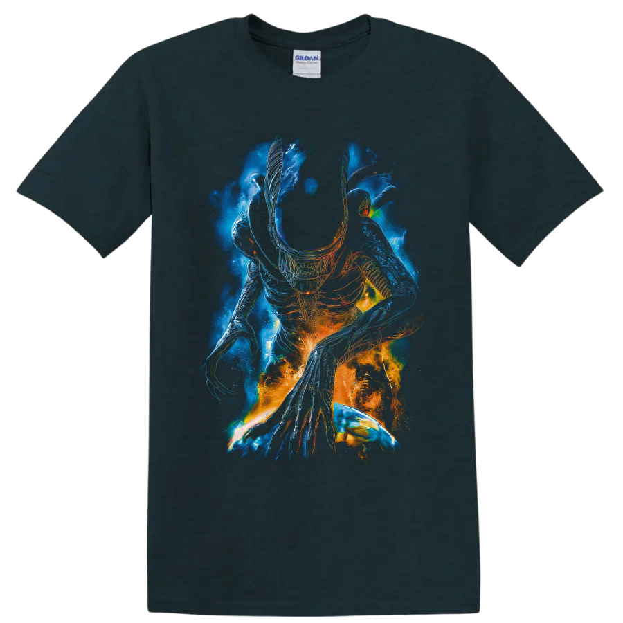 Surreal neon Xenomorph from Alien with blue and orange biomechanical linework on a Midnight (Green) T Shirt