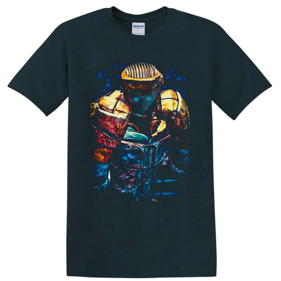 Atom from Real Steel robot boxer in neon blue, magenta, and gold sci-fi graphic art on a Midnight (Green) T Shirt