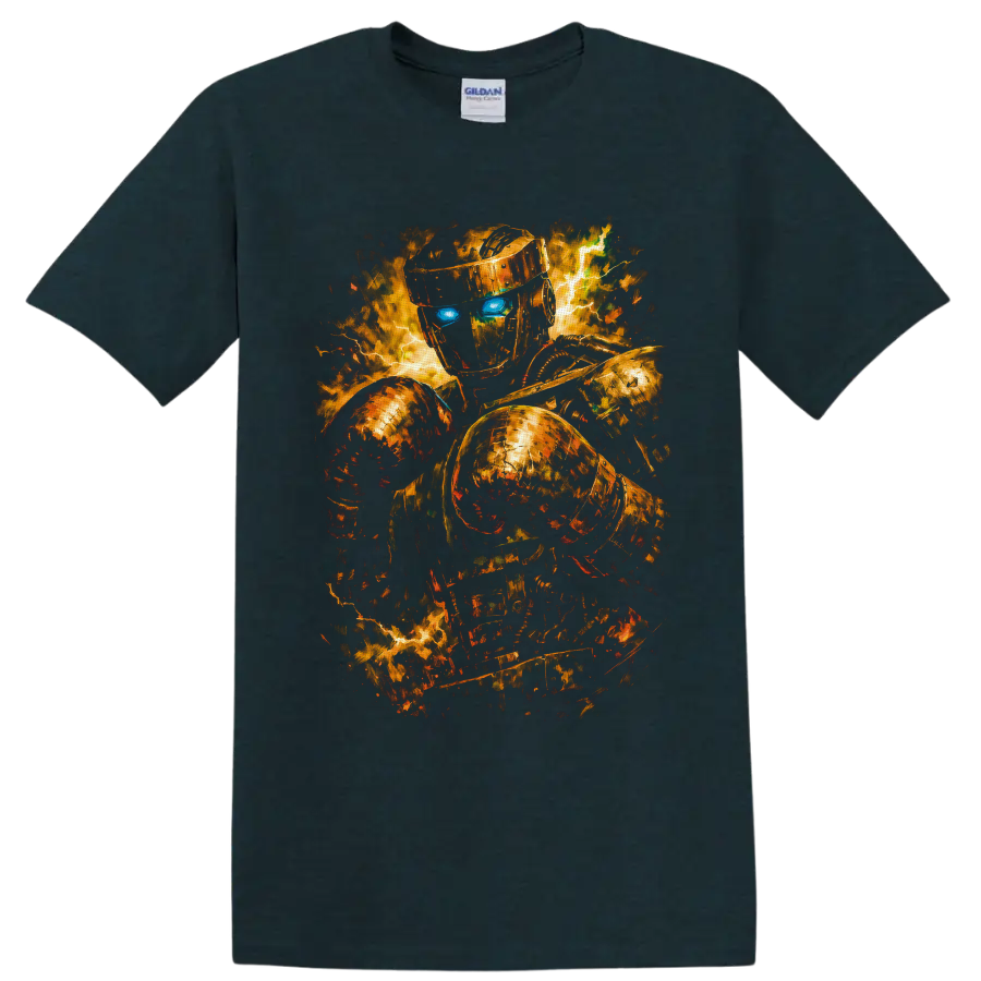Atom from Real Steel in fiery metallic robot boxing action art with glowing blue eyes on a Midnight (Green) T Shirt