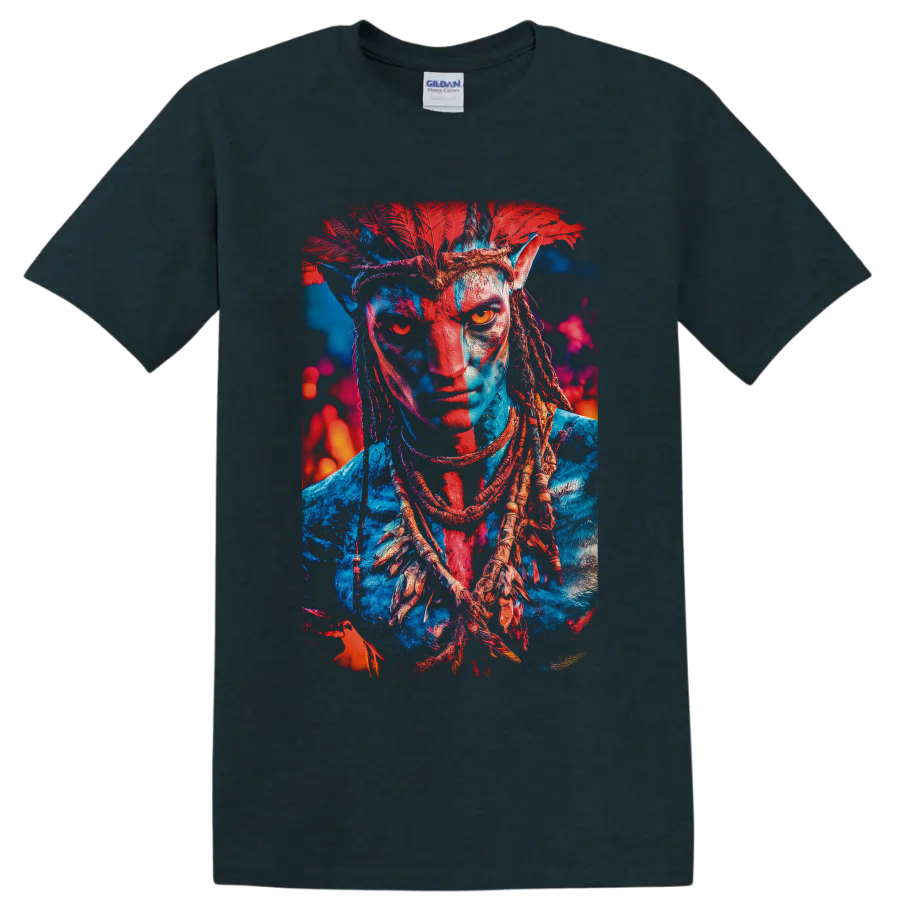 Neon Avatar Na'vi warrior portrait with red feather headdress and braided hair on a Midnight (Green) T Shirt