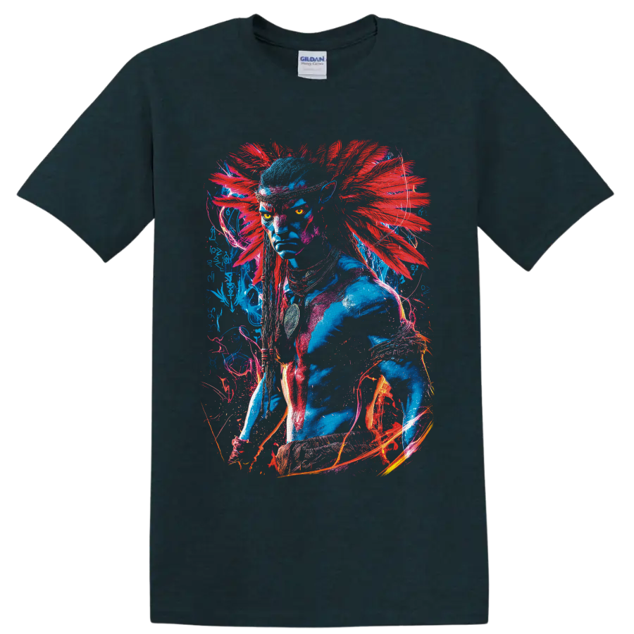 Neytiri Avatar neon warrior portrait with red feather-like accents and glowing linework on a Midnight (Green) T Shirt