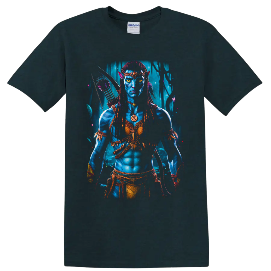 Neytiri Avatar Na'vi warrior archer portrait with glowing forest backdrop on a Midnight (Green) T Shirt