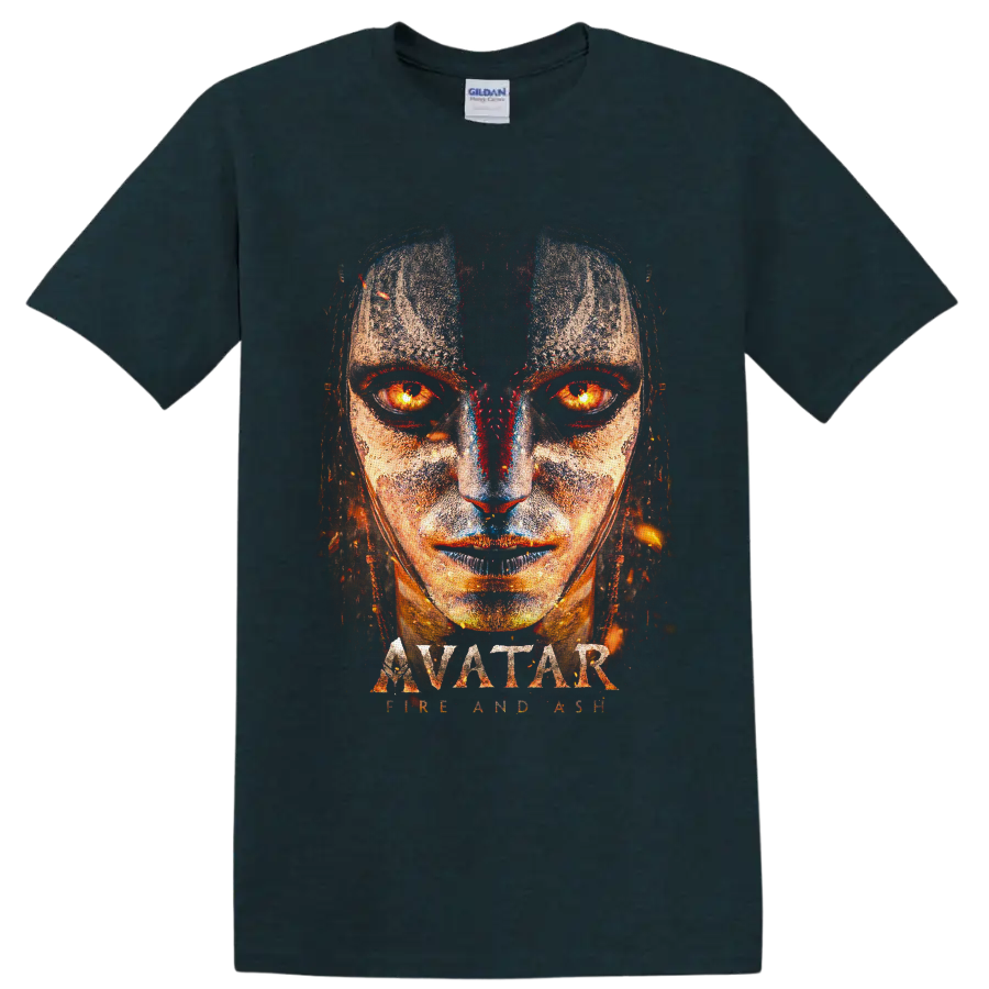 Varang fiery-eyed distressed portrait with Avatar Fire and Ash lettering on a Midnight (Green) T Shirt