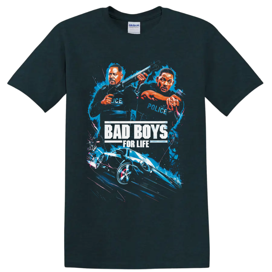 Bad Boys for Life illustrated Will Smith and Martin Lawrence police car splash graphic on a Midnight (Green) T Shirt