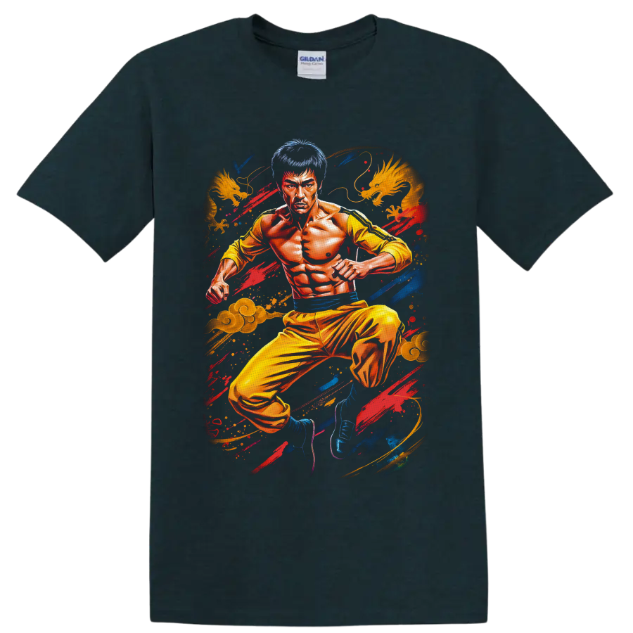 Bruce Lee Game of Death yellow jumpsuit fighter with dragons and colorful brushstrokes on a Midnight (Green) T Shirt